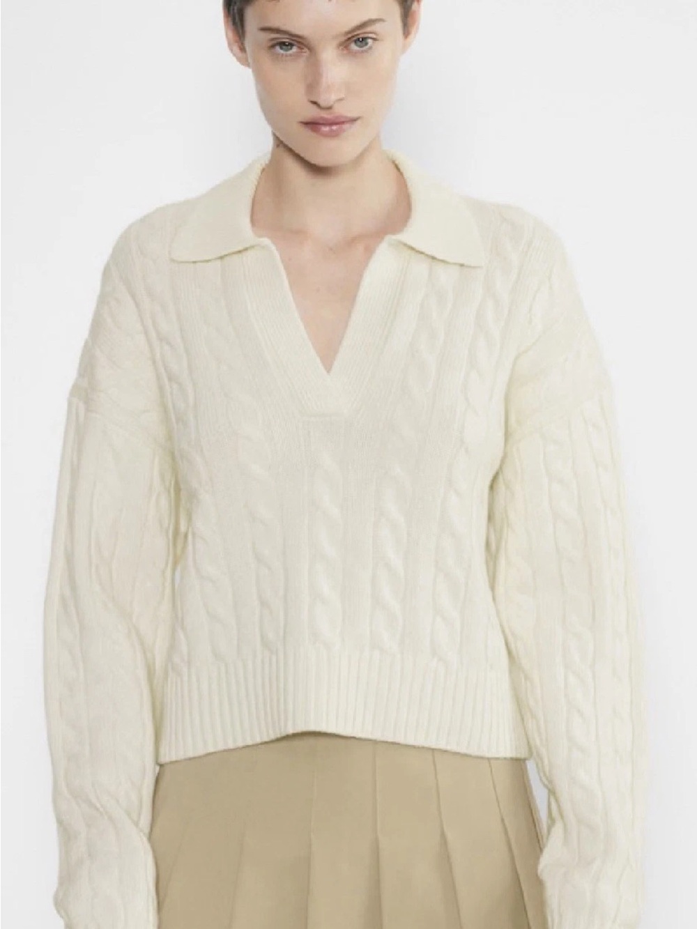 Sunday Best Sweater Womens Size S Ivory V Neck Collared Merino Wool Cable Knit